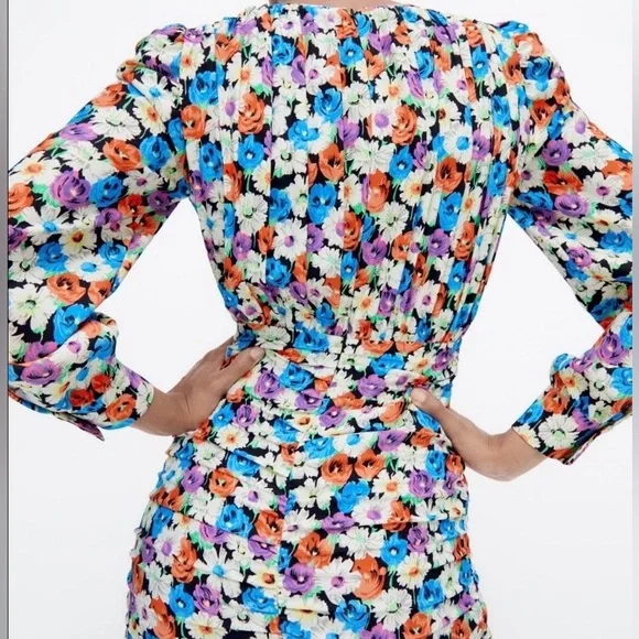 Zara Vibrant Floral Print Long Sleeve Mini Dress Ruched Skirt Design Woman Small - Picture 2 of 13
